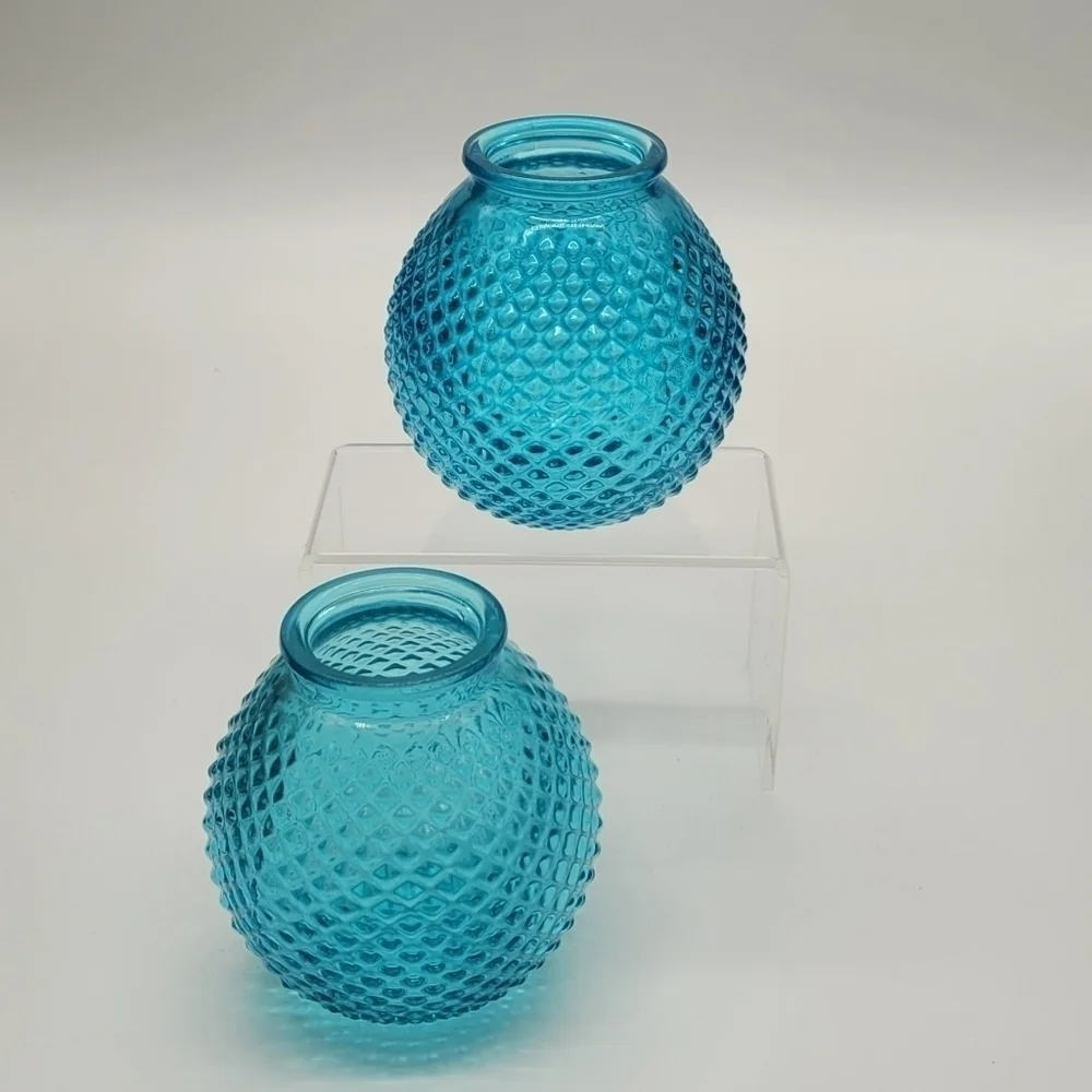 Vintage Small Aqua Blue Transparent Diamond Cut Round Bottle Vase​​​